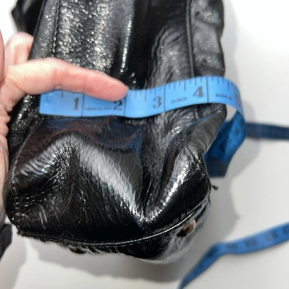 Nine West Black Patent Leather 2 Twist Handle  Purse Handbag With Chain Detail